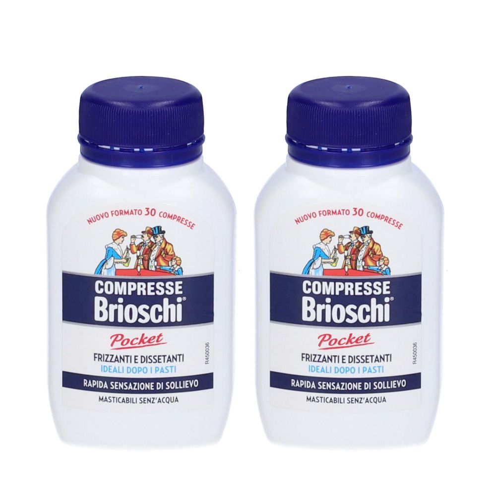 Due flaconi bianchi con tappi blu. Scritta: Compresse Brioschi Pocket. Testo: Frizzanti e dissetanti, Rapida sensazione di sollievo.
