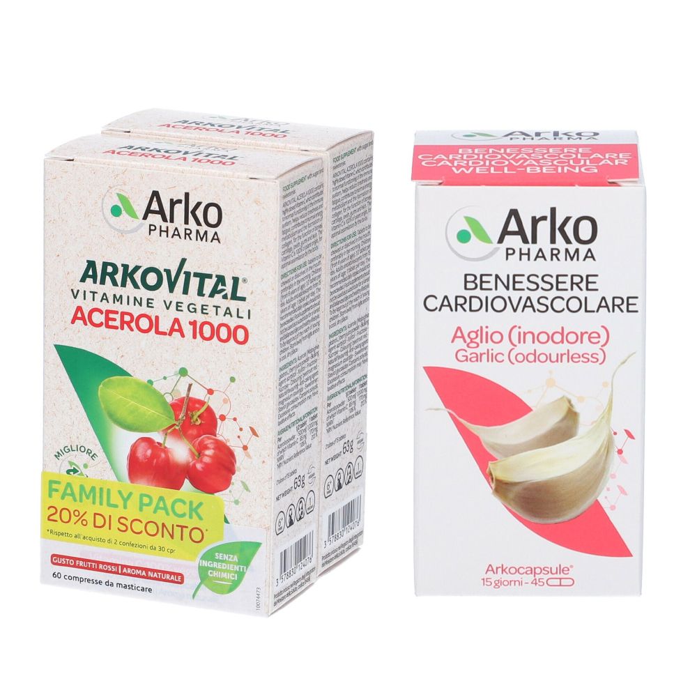 Due scatole. Scritta: Arkovital Acerola 1000. Confezione famiglia con sconto 20%. Scritta: Arkocapsule Aglio.