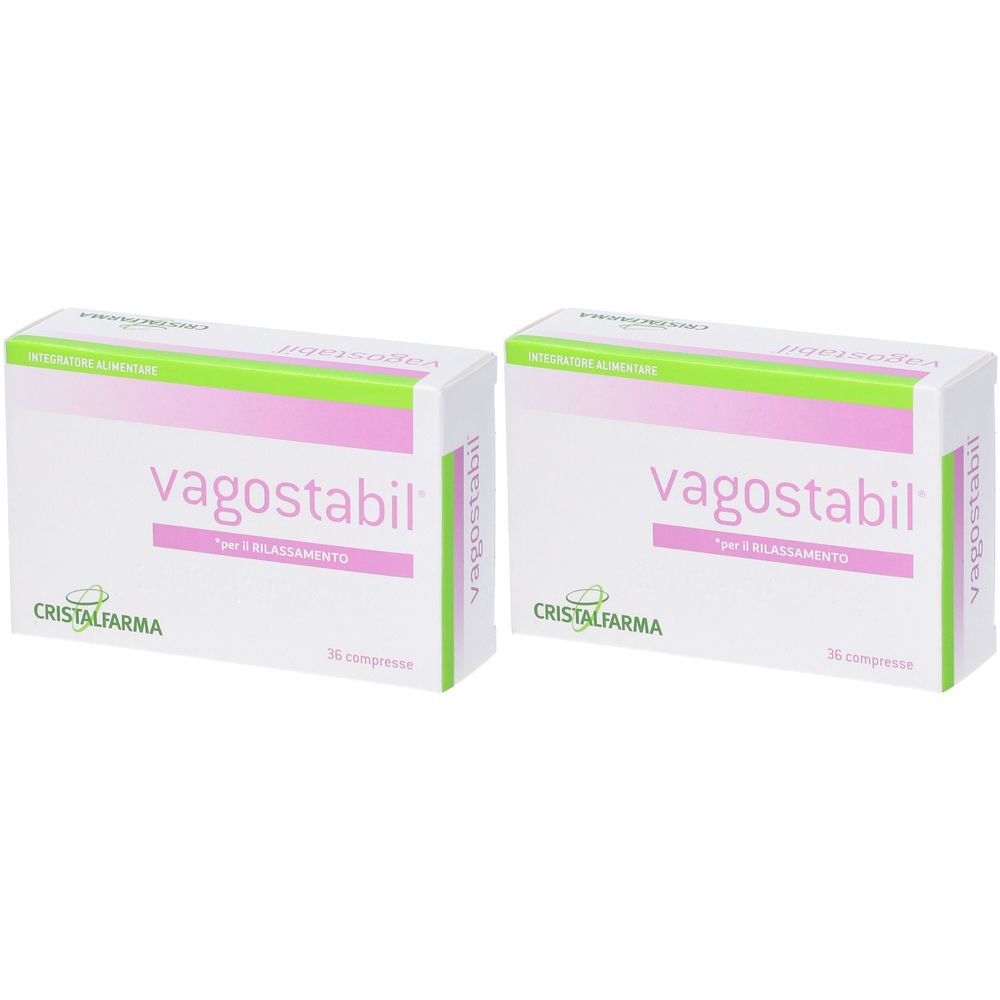 Due scatole bianche con scritta "vagostabil". Design verde-rosa. Marca: CristalFarma. 30 compresse.