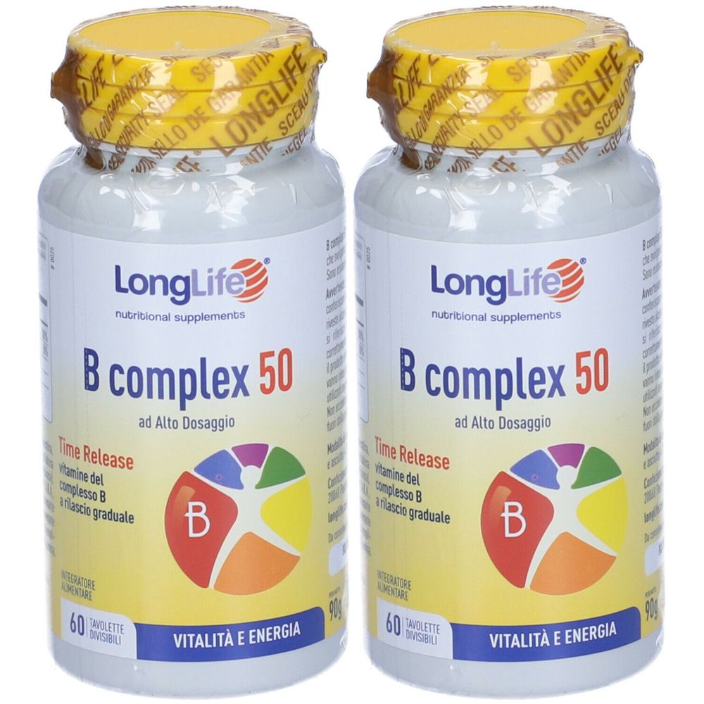 Due flaconi di LongLife B Complex 50. Scritta: B Complex 50, Time Release, ad Alto Dosaggio. Tappo giallo con scritta.