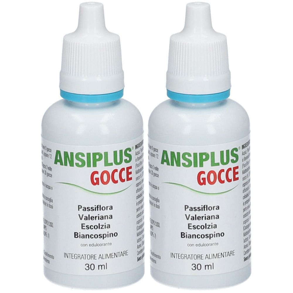 Due flaconi bianchi con anello blu e tappo bianco. Scritta: ANSIPLUS Gocce, ingredienti e 30 ml.