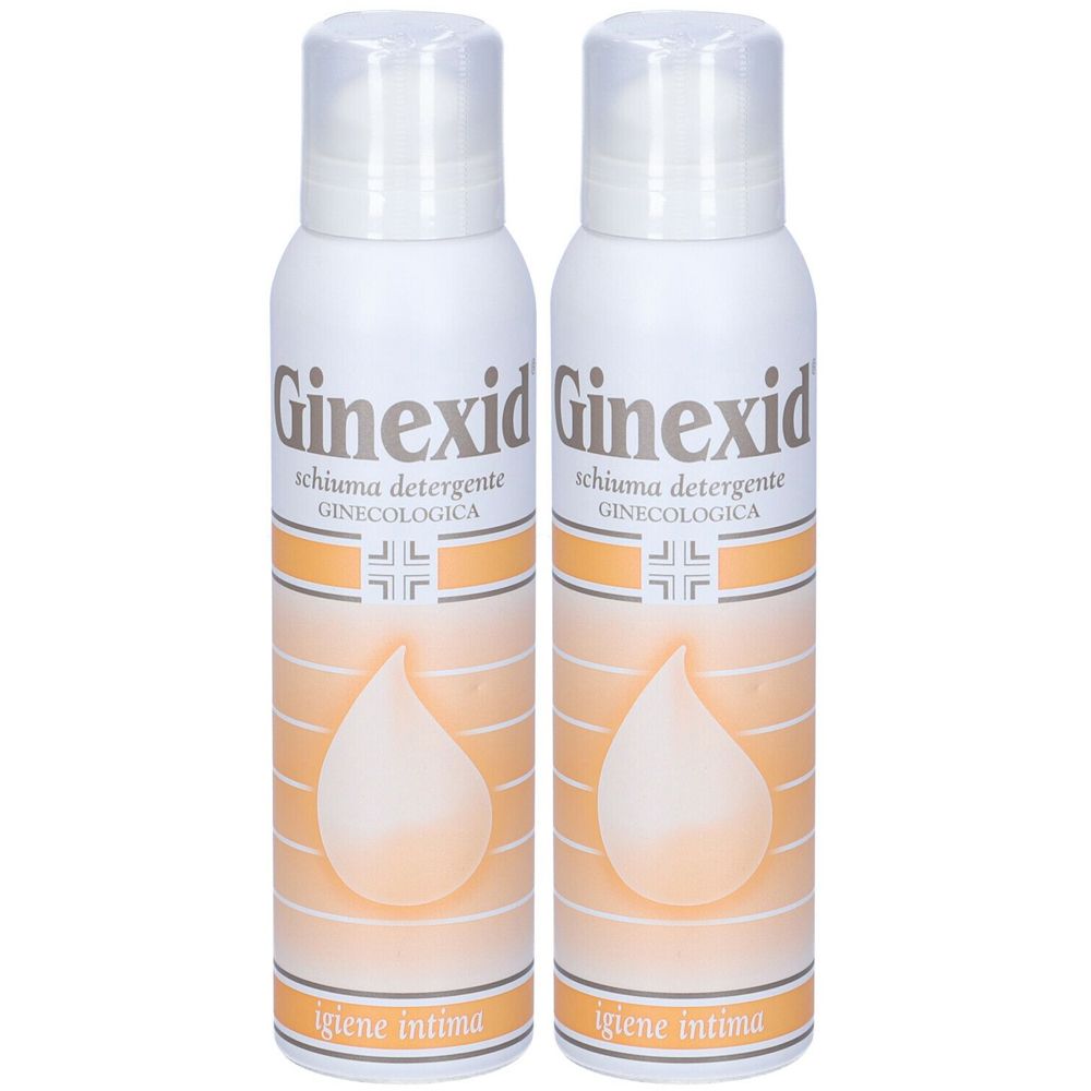Due flaconi bianchi con la scritta "Ginexid". Scritta: "schiuma detergente ginecologica" e "igiene intima".