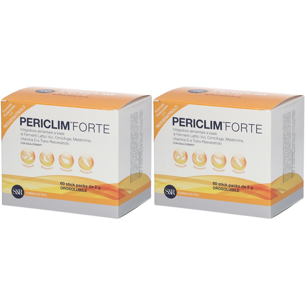 Due scatole PERICLIM FORTE. Scritta: 60 stick, orosolubile. Logo SNR. Confezione arancione e bianca.