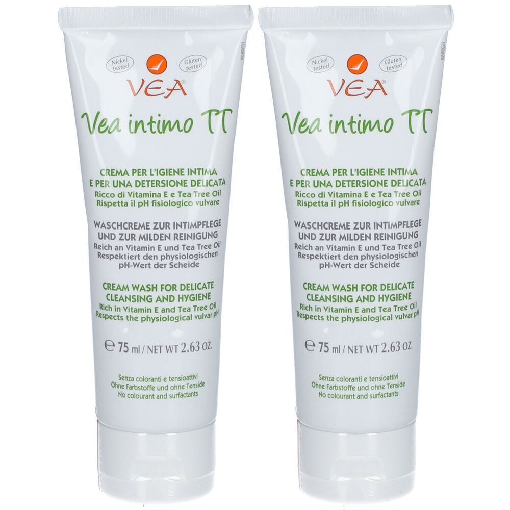 Due tubi di Vea Intimo TT. Tubi bianchi con scritte verdi. Contiene crema lavante per l'igiene intima.