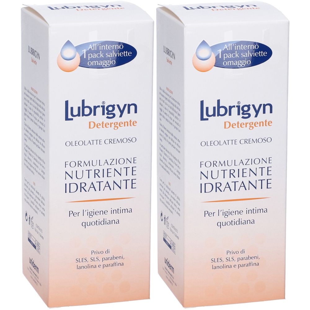 Due scatole bianche con scritte. Scritto: Lubrigyn Detergente, oleolatte cremoso, formula nutriente idratante. Per l'igiene intima quotidiana.