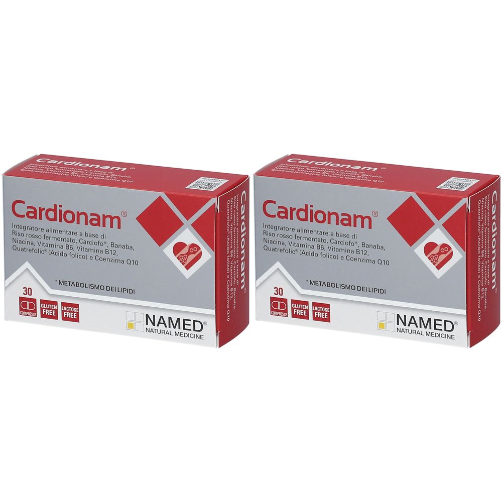 Due confezioni di Cardionam. Confezione rossa e bianca con nome e logo del prodotto. 30 compresse, senza glutine, senza lattosio.