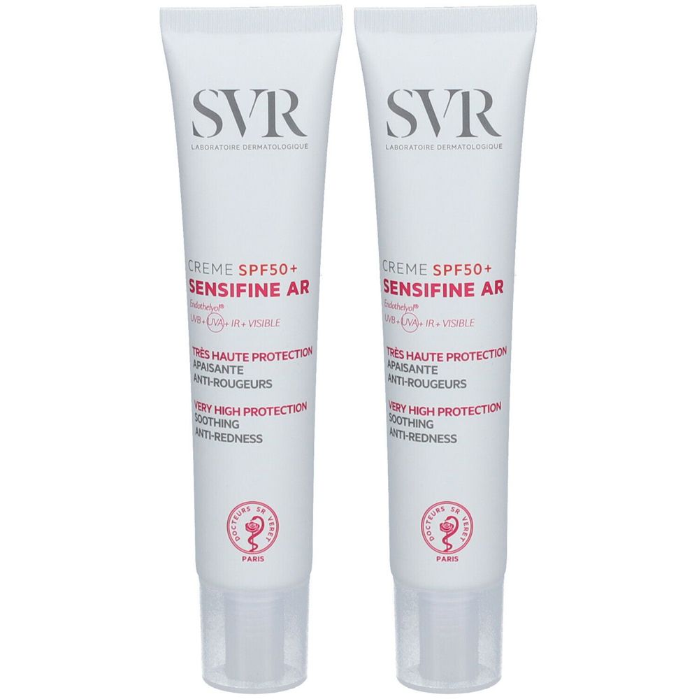 Due tubi bianchi con testo rosso e nero. Scritta: SVR, CREME SPF50+ SENSIFINE AR, Très haute protection, Apaisante, Anti-rougeurs.