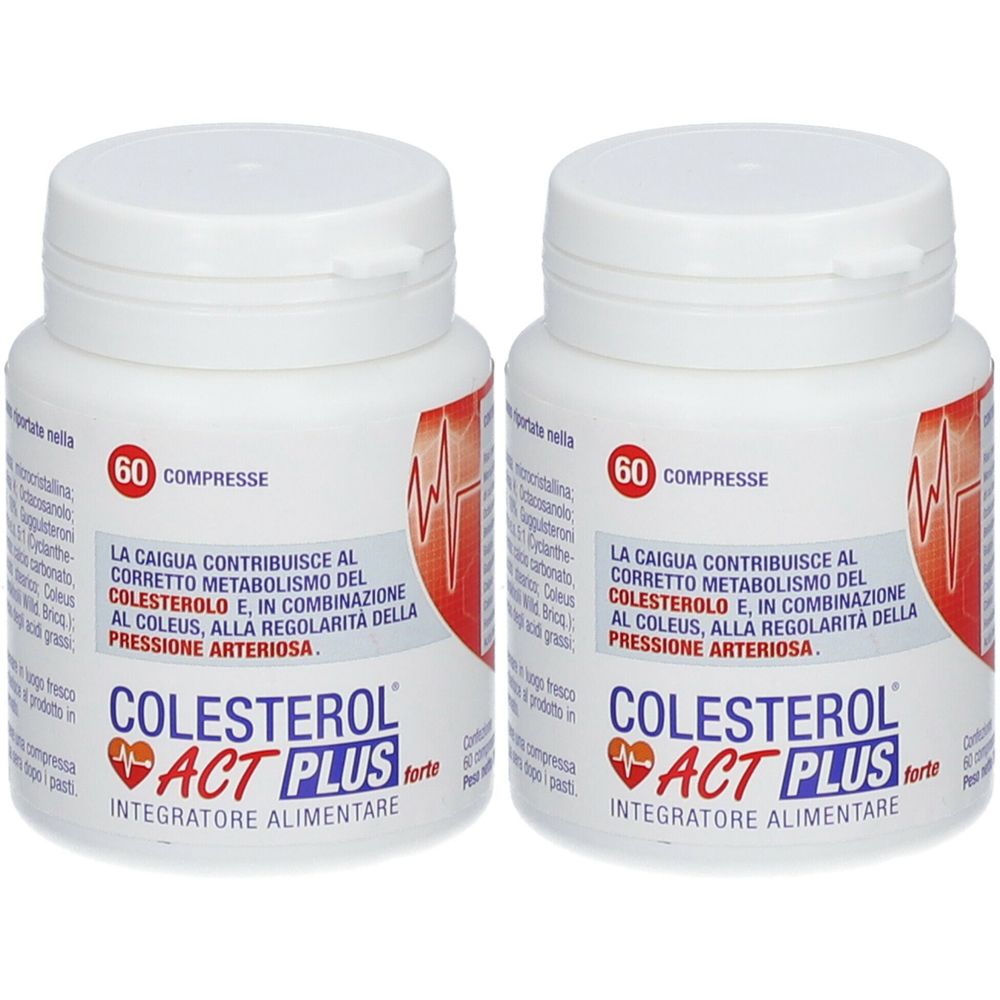 Due flaconi bianchi con etichette rosse e blu. Scritta: 60 compresse, COLESTEROL ACT PLUS forte, integratore alimentare.