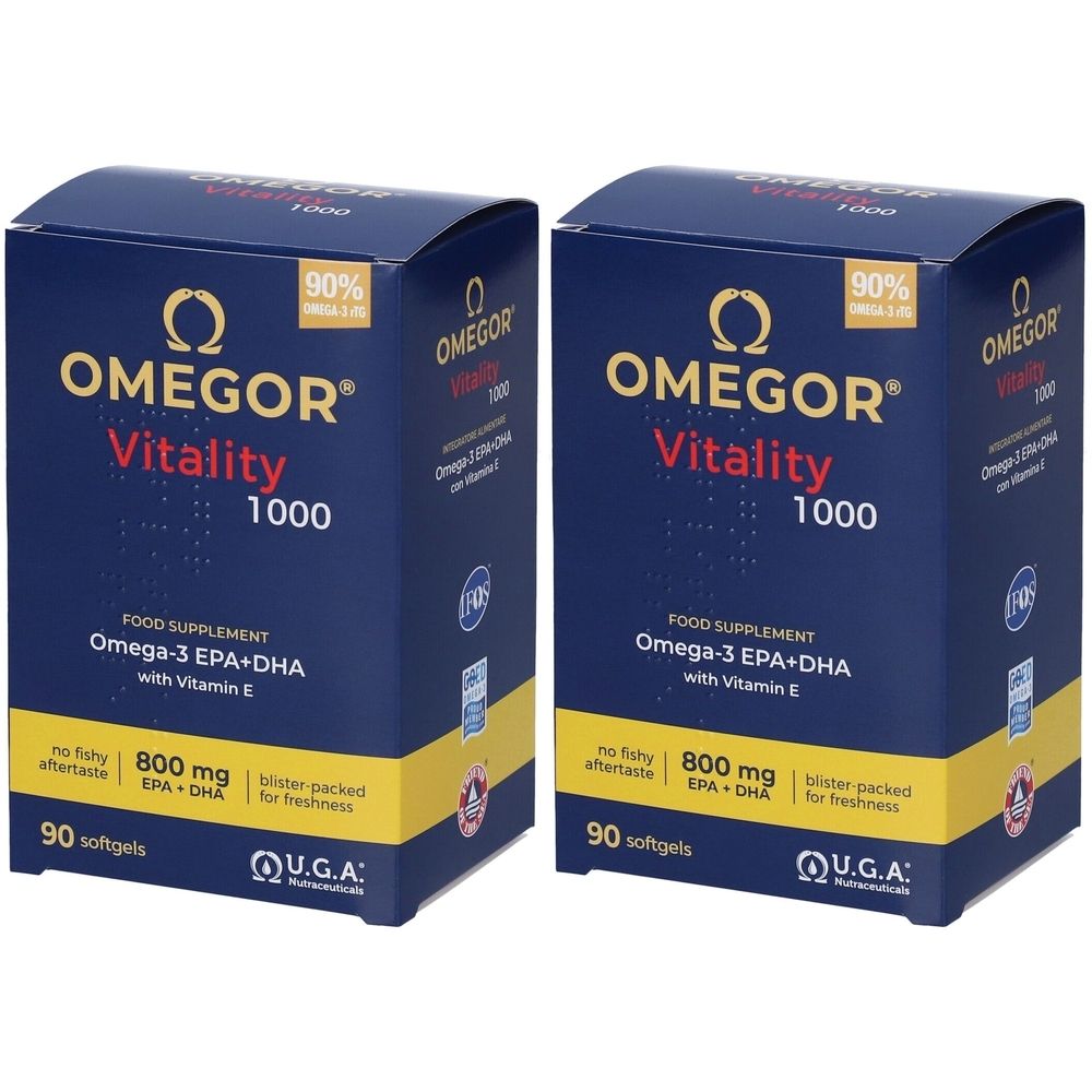Due scatole blu "OMEGOR Vitality 1000". Contiene Omega-3 EPA+DHA con vitamina E. 90 softgels per confezione.