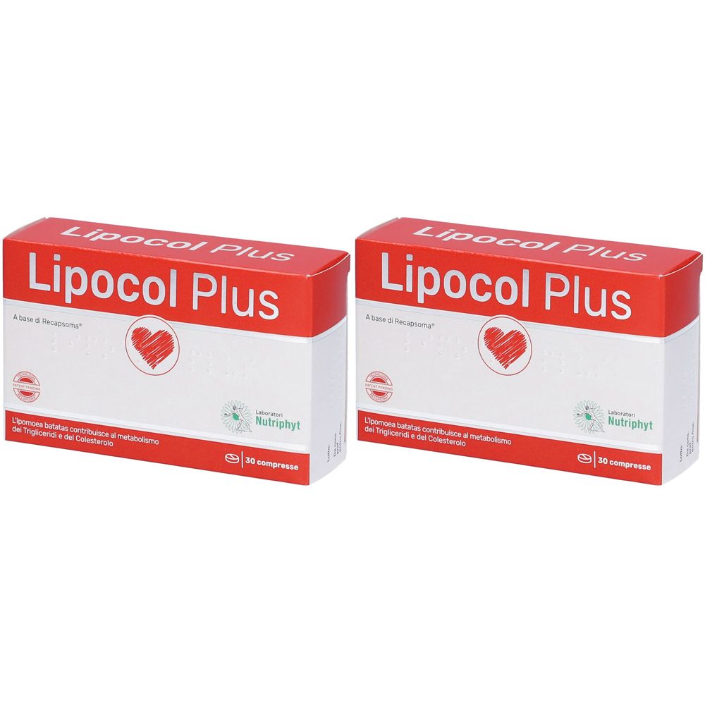 Due scatole rettangolari, parte superiore rossa, fronte bianca. Scritta: Lipocol Plus, simbolo cuore, logo Nutriphyt. 30 compresse.