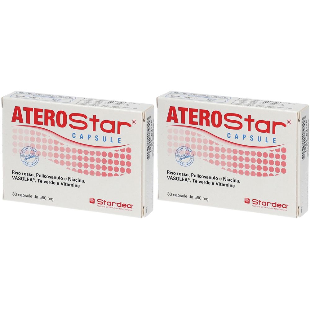 Due scatole ATEROStar CAPSULE. Scritta: Riso rosso, Policosanolo e Niacina, VASOLEA, Te verde e Vitamine. 30 capsule.