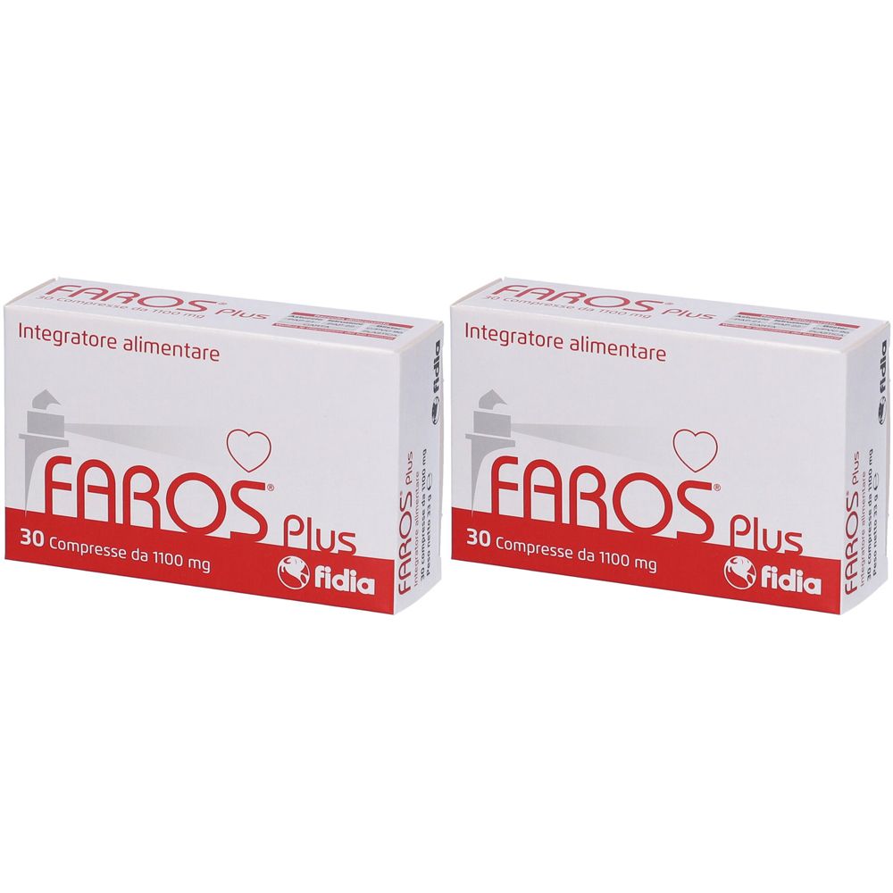 Due scatole bianche con scritte rosse. Scritto: FAROS Plus, 30 compresse, fidia. In alto: Integratore alimentare.