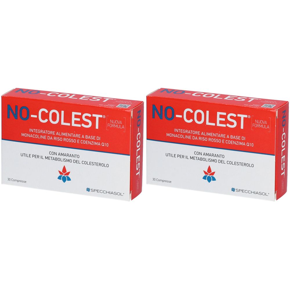 Due scatole rosse "NO-COLEST". Testo in italiano. Marchio SPECCHIASOL. Integratore alimentare per il metabolismo del colesterolo.