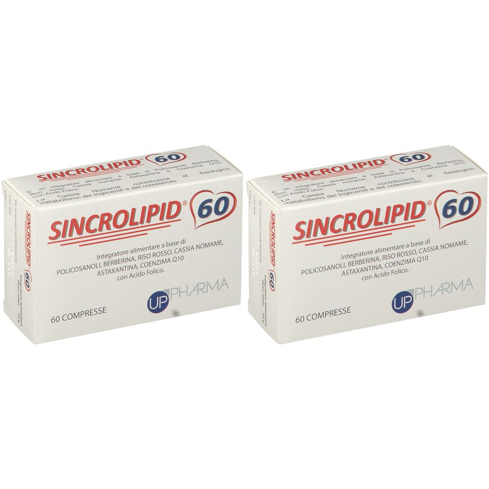 Due confezioni di SINCROLIPID 60. Marchio UP PHARMA. Ogni confezione contiene 60 compresse. Scritte in italiano.