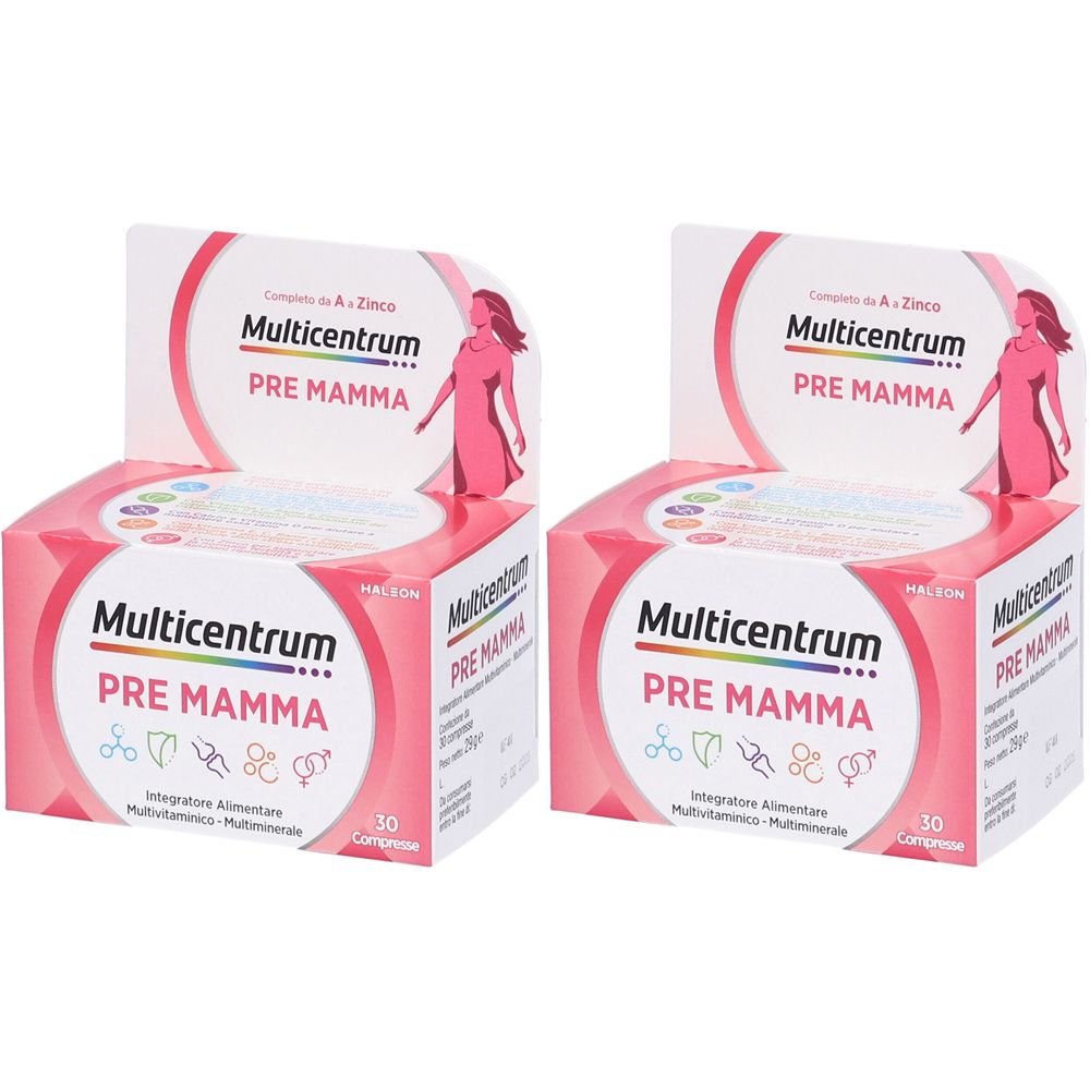 Due confezioni di Multicentrum Pre Mamma. Confezione rosa con nome e logo del prodotto. Contiene 30 compresse.