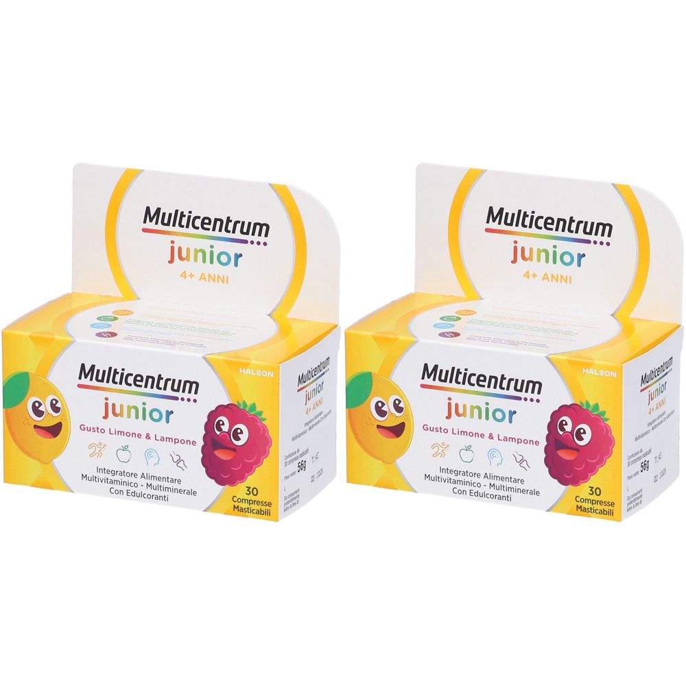 Due confezioni di Multicentrum Junior. Confezione gialla con scritte. Scritta: Junior, 4+ anni, gusto limone & lampone. 30 compresse.