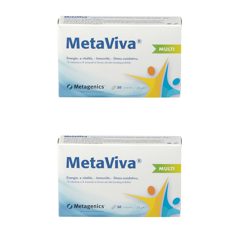 Due scatole bianche MetaViva Multi. Scritta: Energie, e vitalità, Stress ossidativo. Marchio Metagenics.