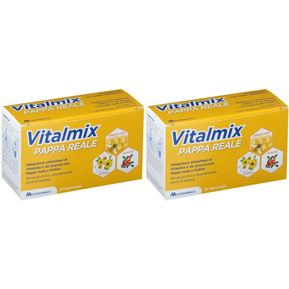 Due scatole gialle con la scritta "Vitalmix Pappa Reale". Le scatole presentano illustrazioni di fiori e frutta.