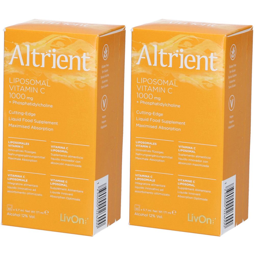 Due scatole arancioni con Altrient Liposomal Vitamin C. Scritta: 1000 mg, integratore alimentare.