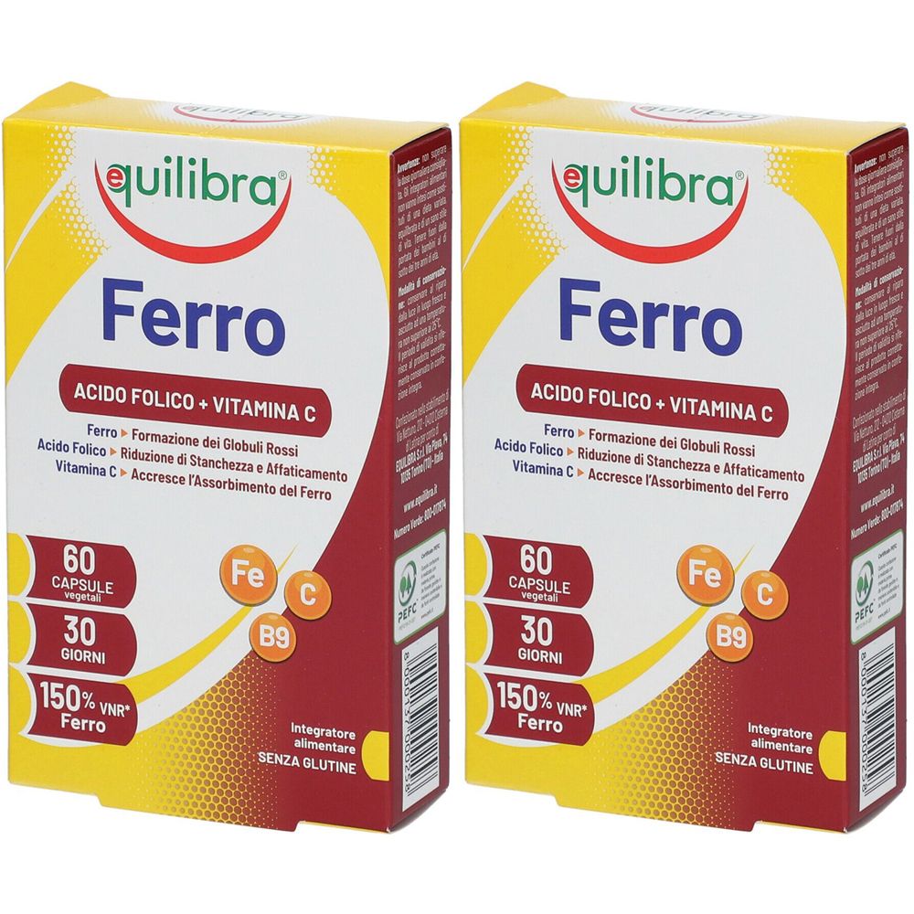 Due confezioni di "Ferro Acido Folico + Vitamina C". Confezione giallo-rossa con informazioni e logo "equilibra".