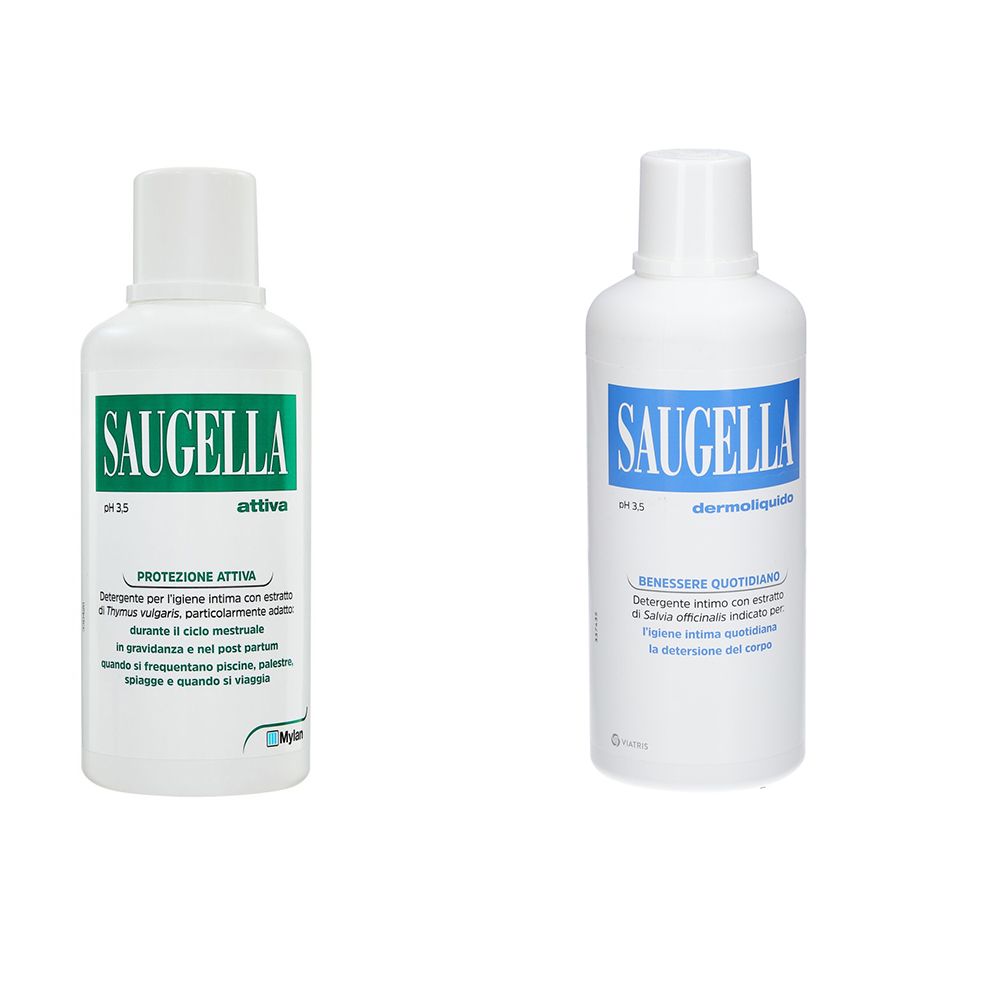 Due flaconi bianchi SAUGELLA. A sinistra, etichetta verde "attiva". A destra, etichetta blu "dermoliquido". Tappi bianchi.