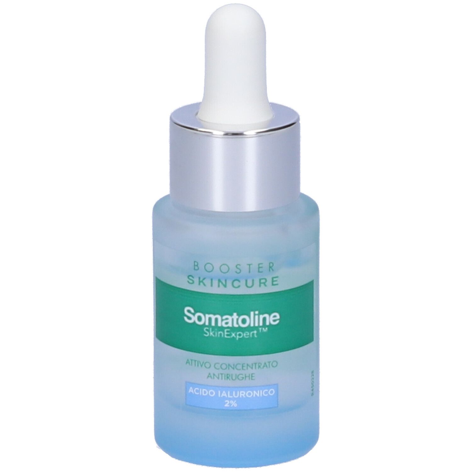 Flacone blu con tappo bianco e contagocce. Scritta: Somatoline SkinExpert, Booster Skincure, Acido Ialuronico 2%.