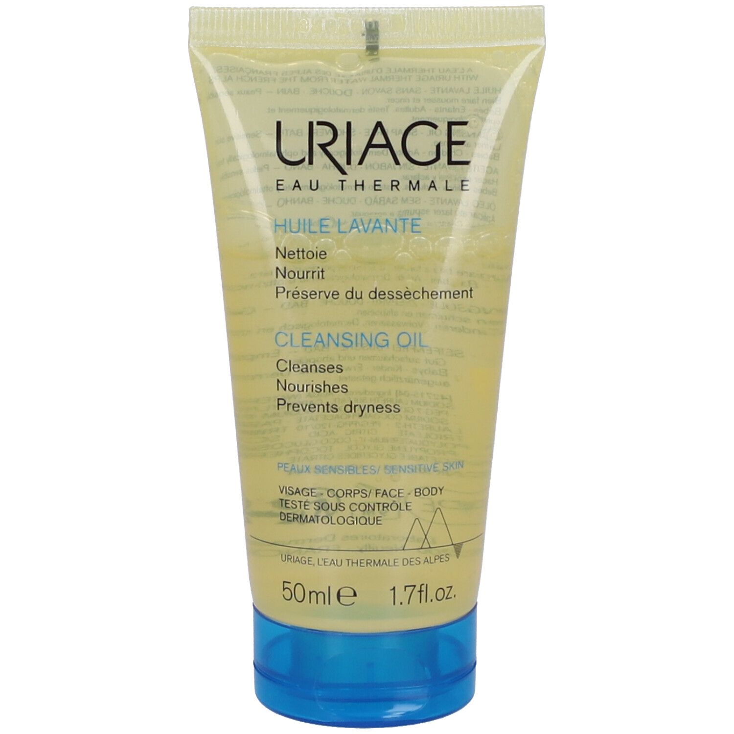 Tubo giallo con tappo blu. Scritta: Uriage, Huile Lavante, Cleansing Oil. 50ml.