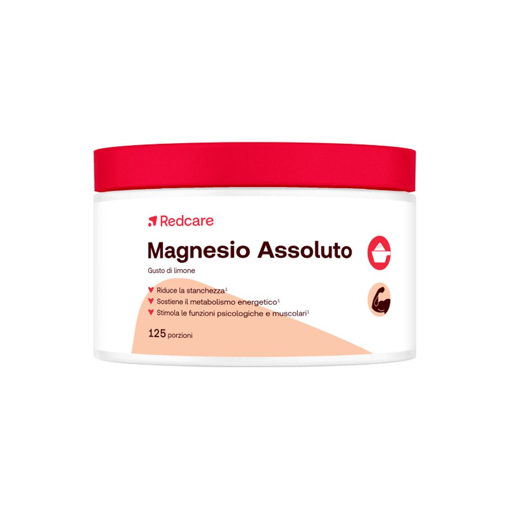 Barattolo bianco con coperchio rosso. Scritta: Redcare Magnesio Assoluto. 125 porzioni.