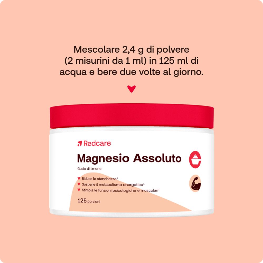 Istruzioni: mescolare 2,4 g di polvere in 125 ml di acqua, bere due volte al giorno. Barattolo del prodotto visibile.