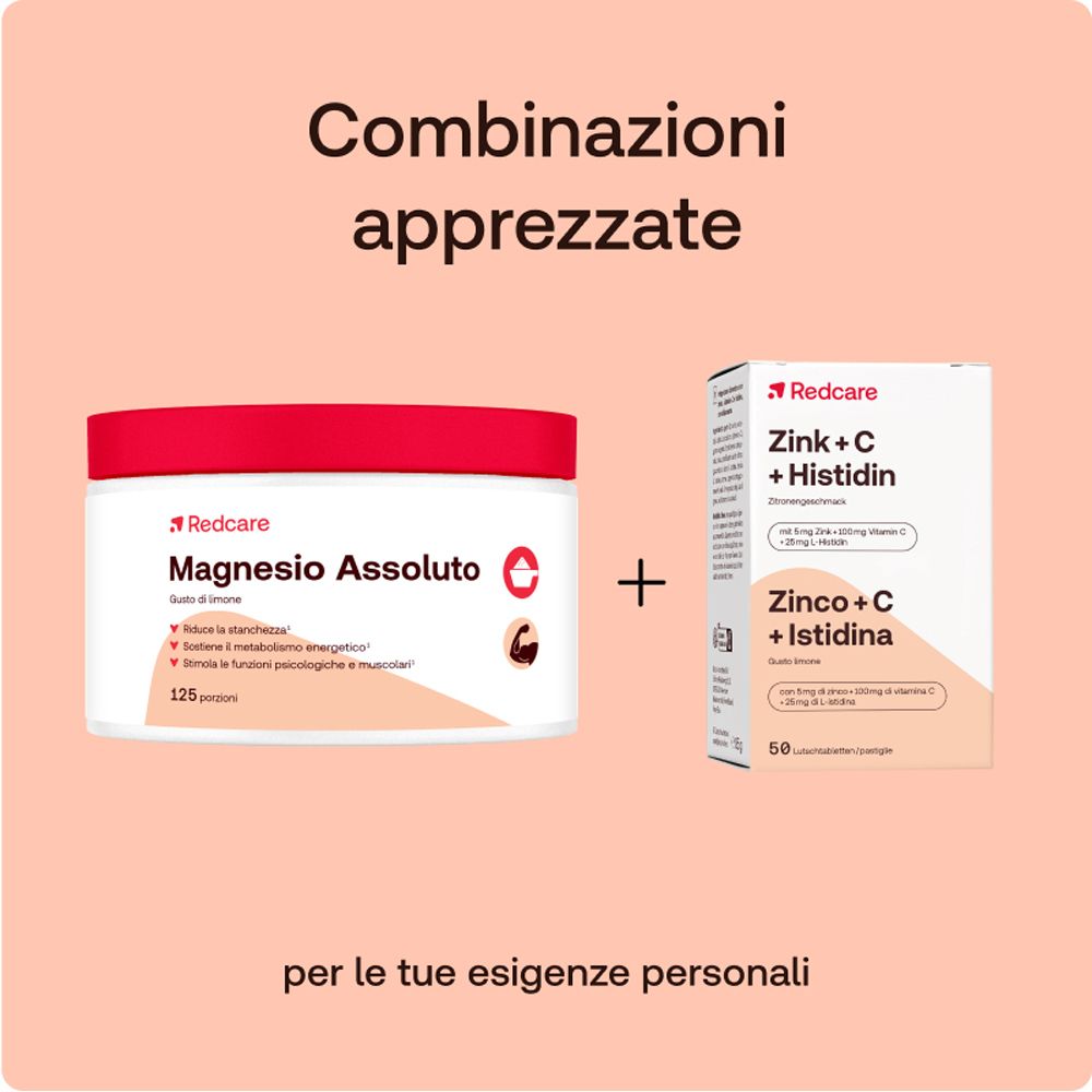 Barattolo del prodotto e scatola di integratori. Testo: Redcare Magnesio Assoluto e Zinco + C + Istidina.