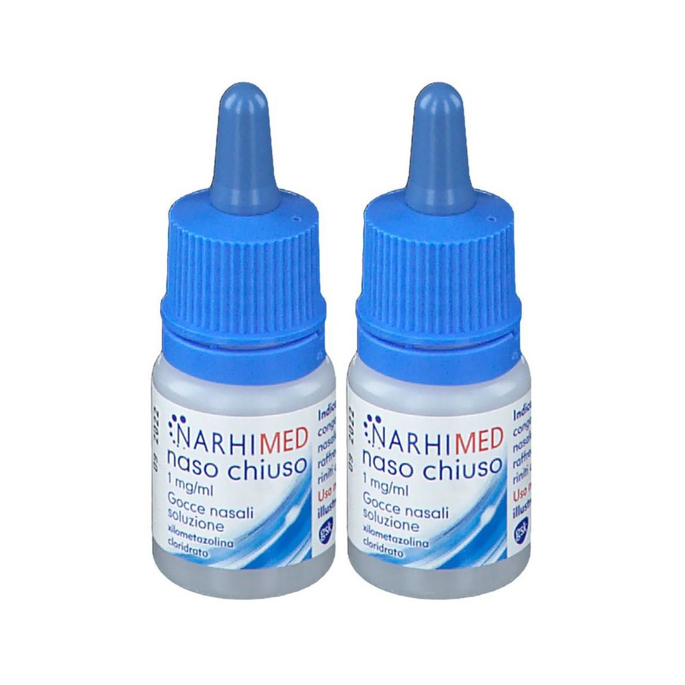 Due flaconi con tappo blu. Scritta: NARHIMED naso chiuso, 1 mg/ml, Gocce nasali soluzione.