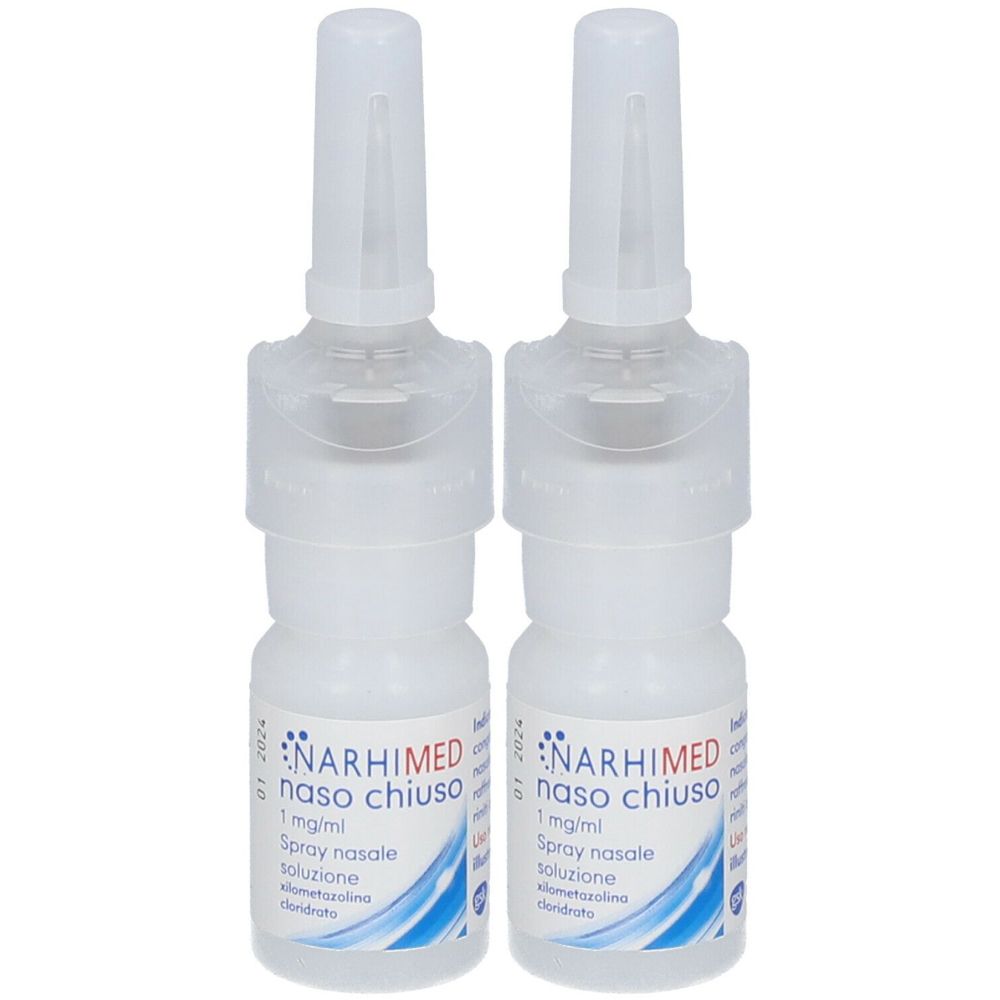 Due spray nasali bianchi con tappo. Scritta: NARHIMED naso chiuso, 1 mg/ml, Spray nasale soluzione.