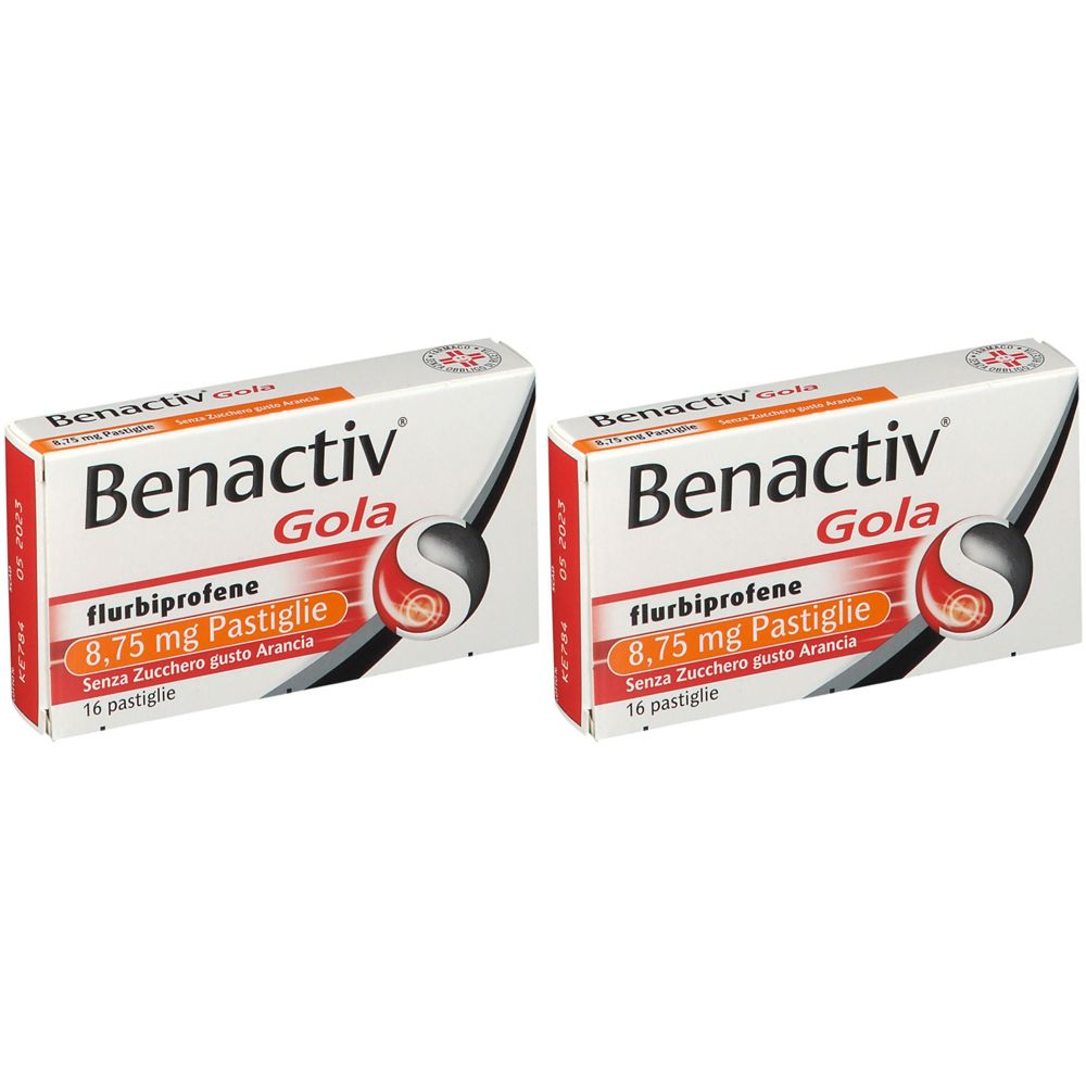 Due confezioni di Benactiv Gola. Su ogni confezione: flurbiprofene 8,75 mg Pastiglie, Senza Zucchero gusto Arancia, 16 pastiglie.