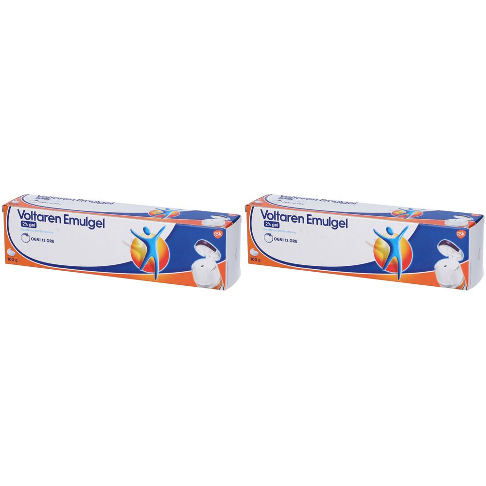 Due confezioni di Voltaren Emulgel. Scatole bianche con dettagli blu e arancioni. Scritta: Voltaren Emulgel.