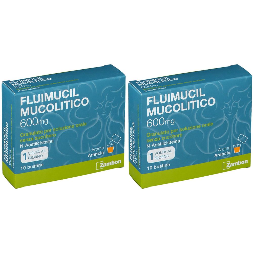 Due scatole di FLUIMUCIL MUCOLITICO 600mg. Confezione blu con testo bianco. Contiene 10 bustine. Marchio Zambon. Gusto arancia.
