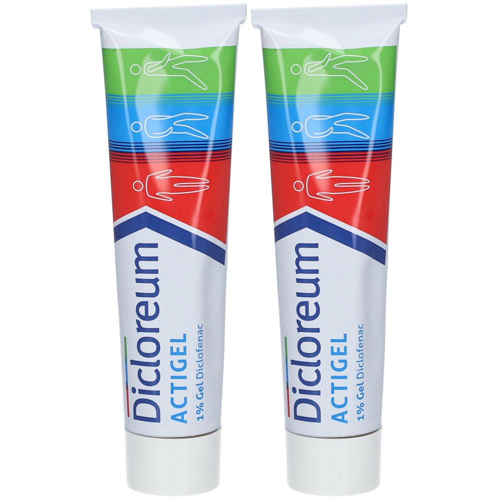 Due tubi di gel. Scritta: Dicloreum Actigel, 1% Gel Diclofenac. Strisce verdi, blu e rosse. Tappo bianco.