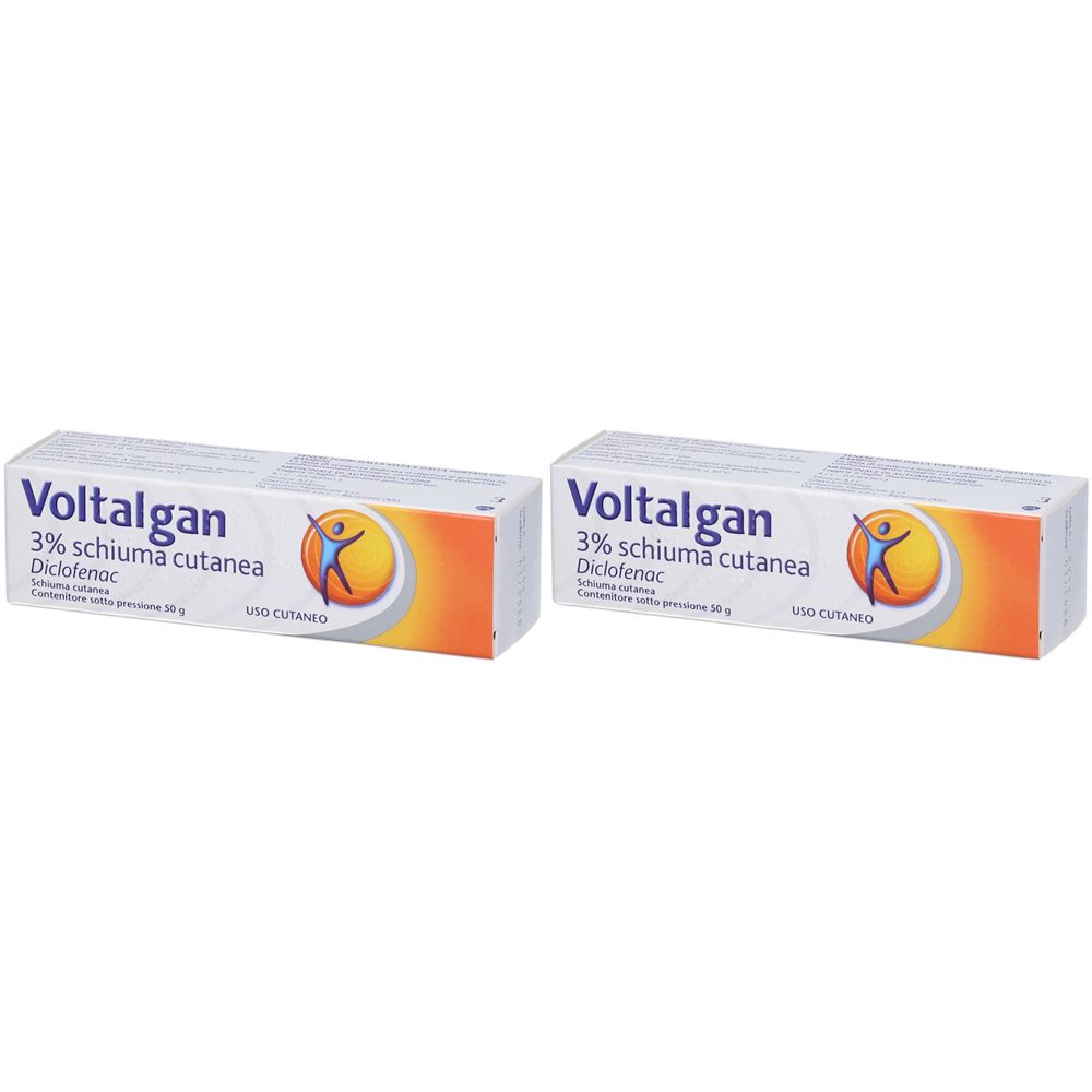 Due confezioni di Voltagan 3% Schiuma Cutanea. Ogni confezione presenta un logo con una persona e un sole.