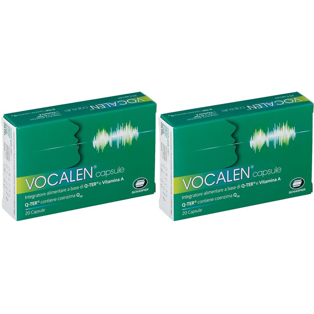 Due confezioni di Scharper Vocalen® Capsule. Verdi, con nome e dettagli. 20 capsule per scatola.