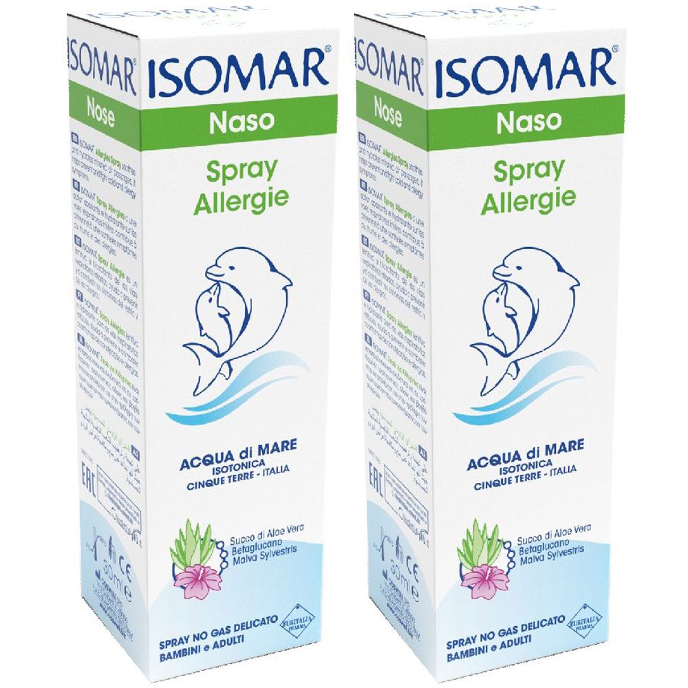 Due confezioni di spray nasale. Scritta: ISOMAR, Naso Spray Allergie. Illustrazione: delfino. Testo: Acqua di Mare, Spray no Gas delicato.