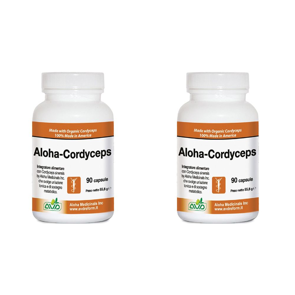 Due flaconi bianchi con etichette marroni. Scritta: Aloha-Cordyceps, 90 capsule. Logo AVD.