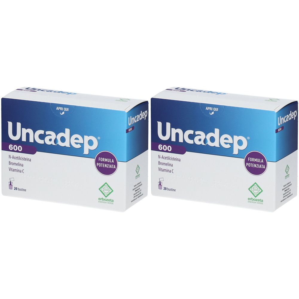 Due scatole Uncadep 600. Confezione blu e bianca con informazioni sul prodotto e logo.