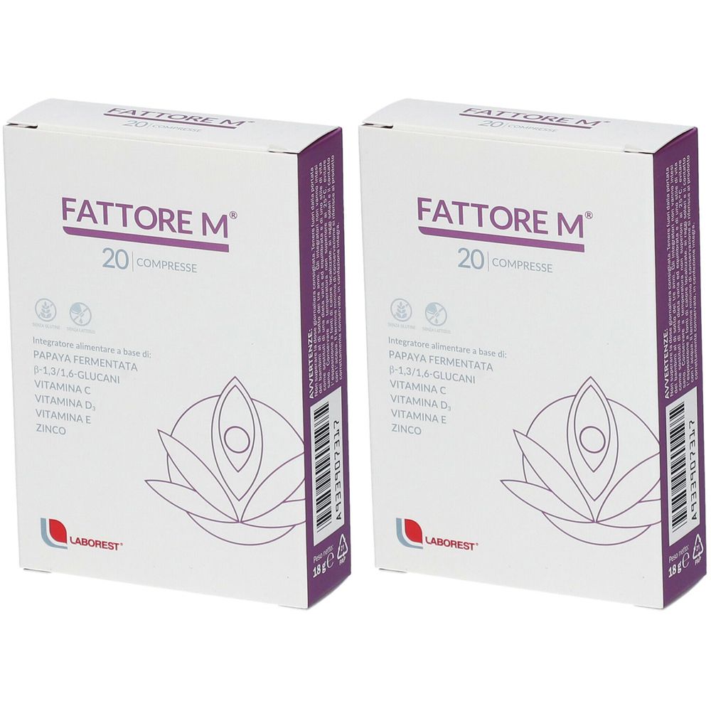 Due scatole "Fattore M", 20 compresse. Bianche con dettagli viola, logo e informazioni sugli ingredienti.