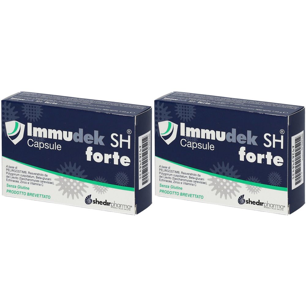 Due confezioni "Immudek SH forte Capsule". Scatole blu con testo bianco e logo. Marchio "shedirpharma".
