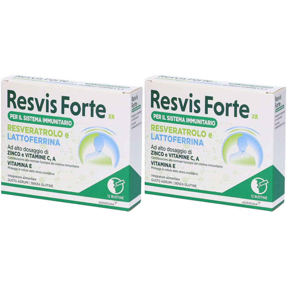 Due scatole di Resvis Forte. Scritto: Resveratrolo e Lattoferrina, Zinco, Vitamina C, A, E. 12 bustine. Alfasigma.