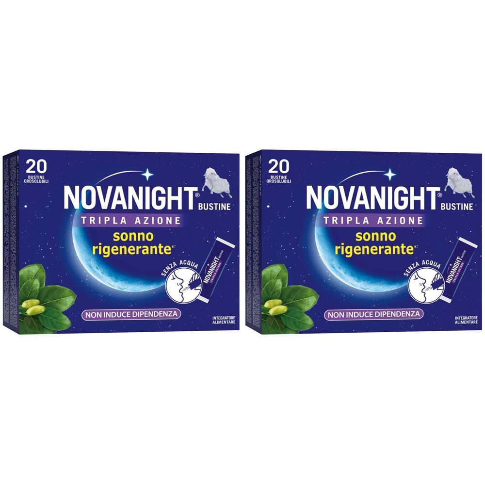 NOVANIGHT Tripla Azione Bustine con Melatonina per Dormire, Magnesio, Griffonia, 20 Bustine Orosolubili Set da 2