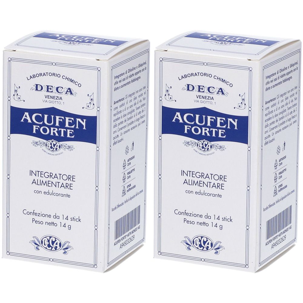 Due scatole bianche con testo blu. Scritto: ACUFEN FORTE, integratore alimentare. Confezione da 14 stick.