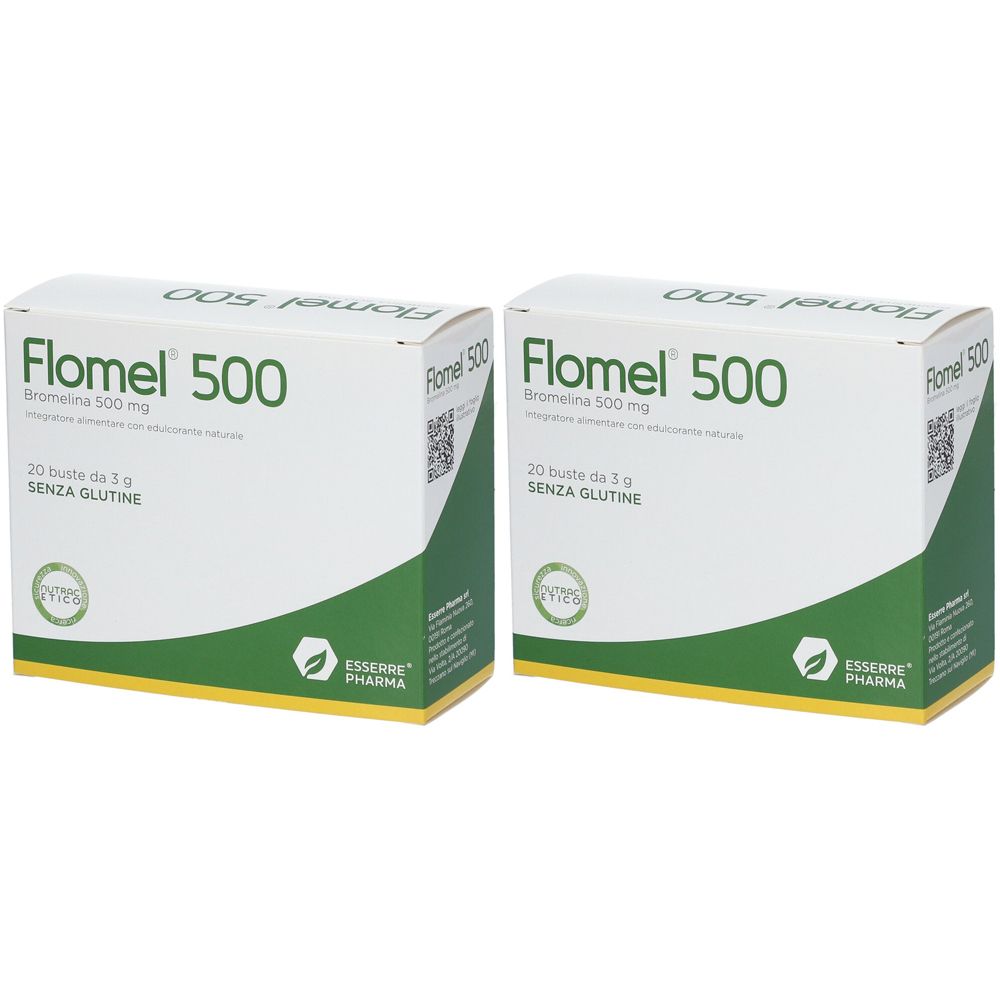 Due scatole bianche con dettagli verdi. Scritta: Flomel 500, Bromelina 500 mg, 20 bustine, SENZA GLUTINE. Logo: ESSERRE PHARMA.