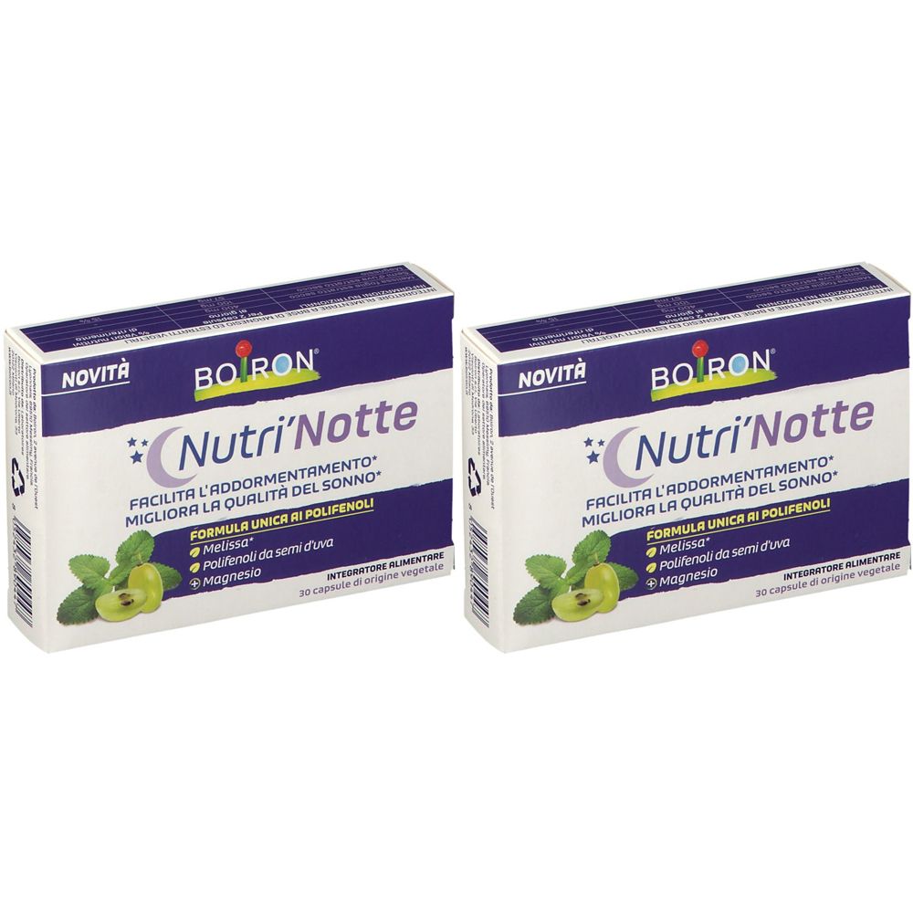 Due confezioni "Nutri'Notte" BOIRON. Scritta "Novità". Contiene melissa, semi d'uva e magnesio. Testo in italiano.