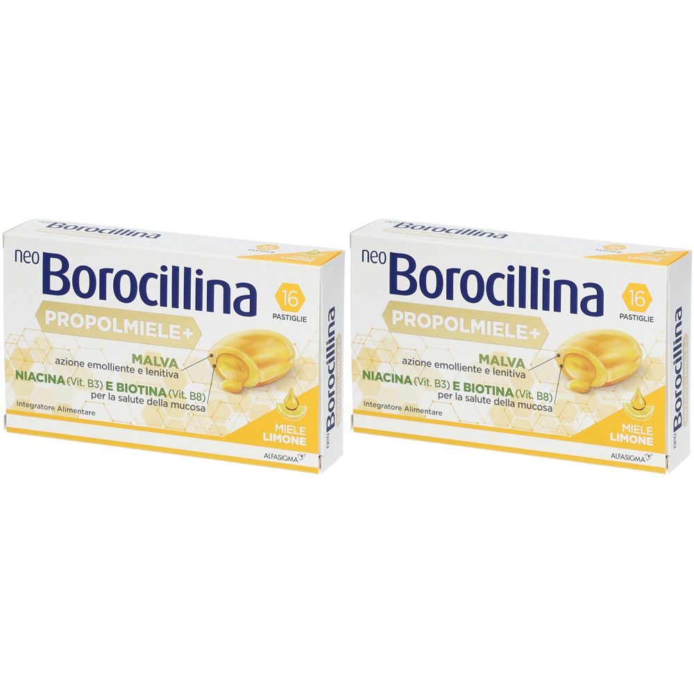 Due confezioni Neo Borocillina Propolmiele+. Scritte: Malva, Niacina, Biotina. Illustrazione pastiglie gialle.