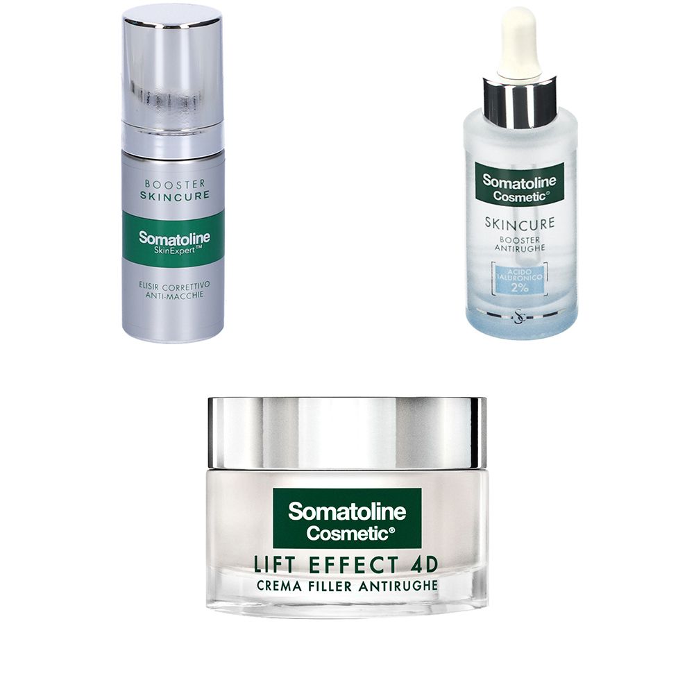 Tre prodotti cosmetici: flacone di siero, flacone spray e vasetto di crema. Tutti con il logo Somatoline Cosmetic e i nomi dei prodotti.